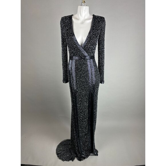 Mac Duggal Black Silver V-Neck Long Sleeve Embellished Dress size 4 NWT 4900D - Picture 4 of 13